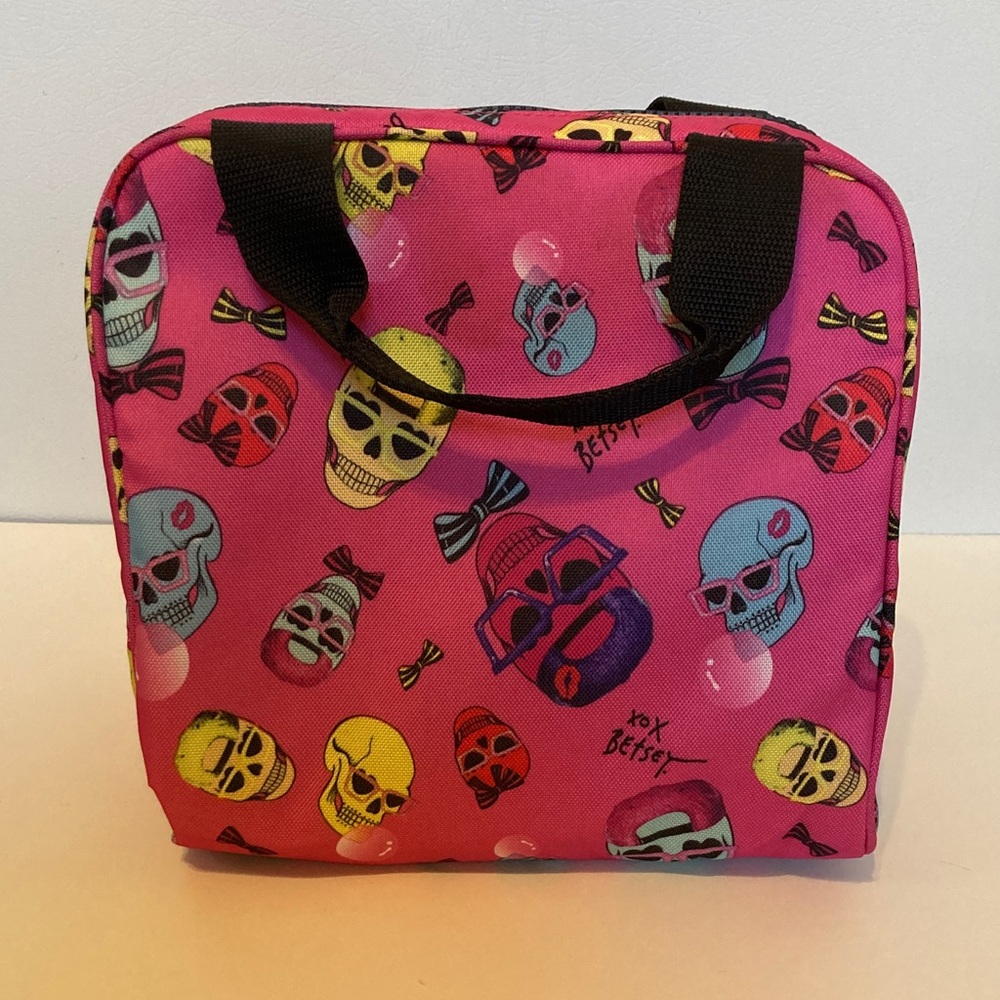 Betsey Johnson Insulated Zip Lunch Tote Skull Sunglasses Black & Pink Colorful